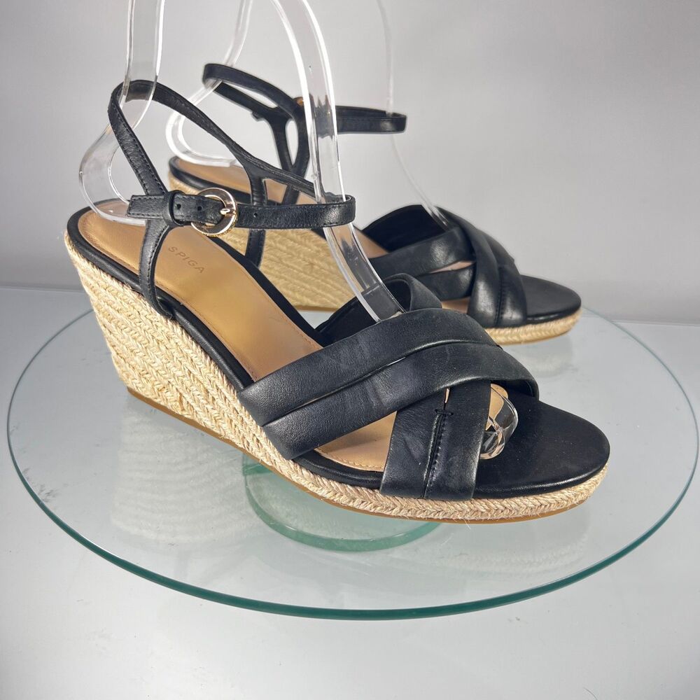 Via Spiga Inna Wedge Sandals Black Leather Ankle Strap espadrille